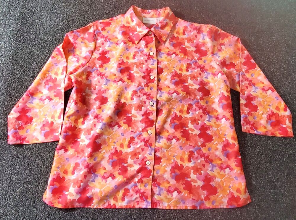 Liz Claiborne Blouse Women's Large Pink Orange Floral Cottagecore Colorful Fun